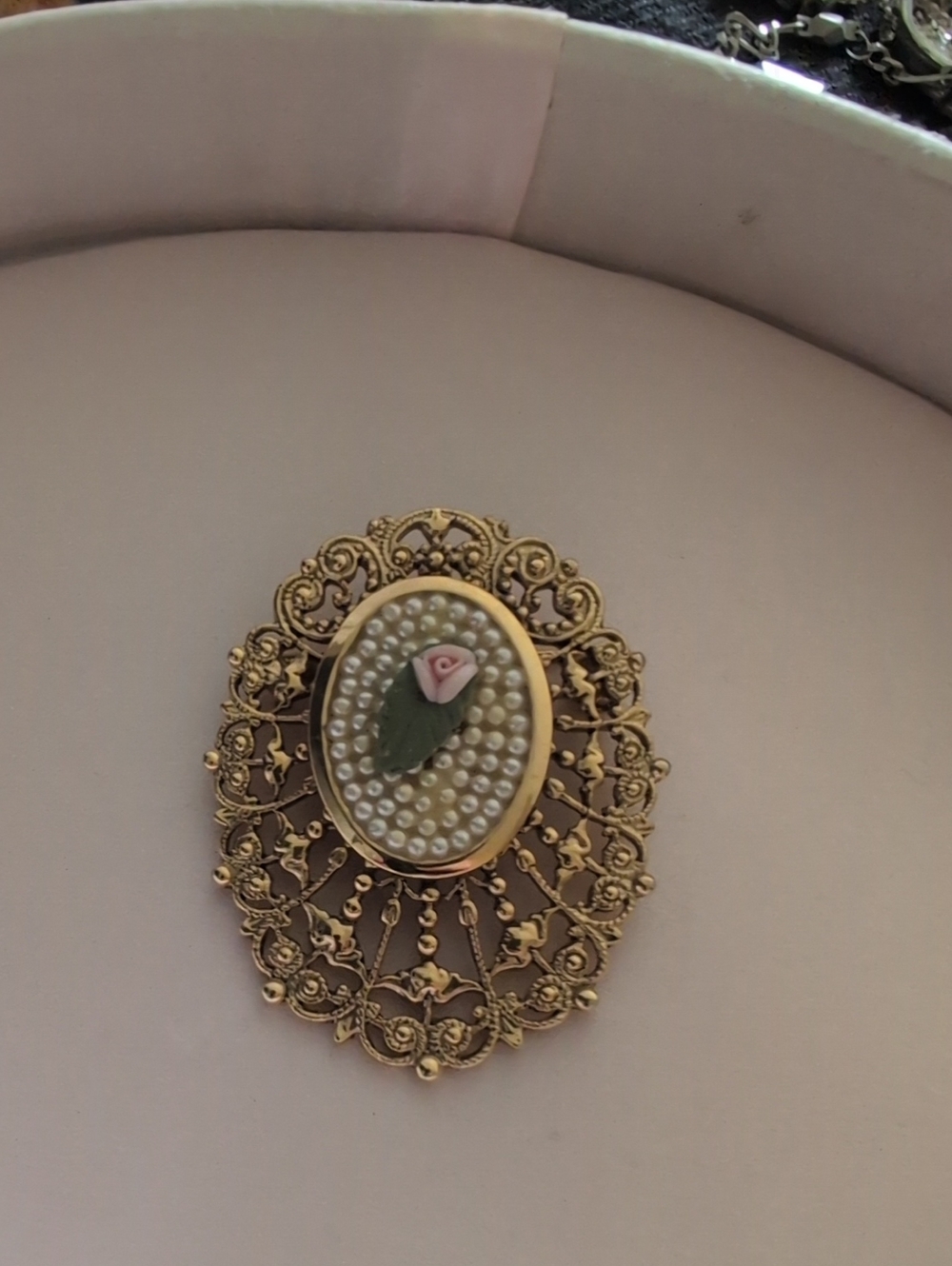 Vintage Gold-Tone Filigree Brooch with Pearl Cameo and Pink Rose
